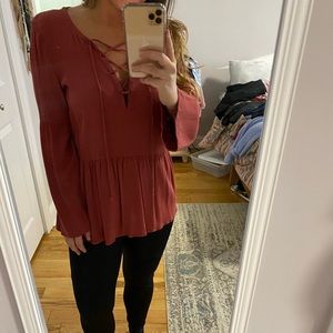 Beautiful burnt orange tie up peasant top!